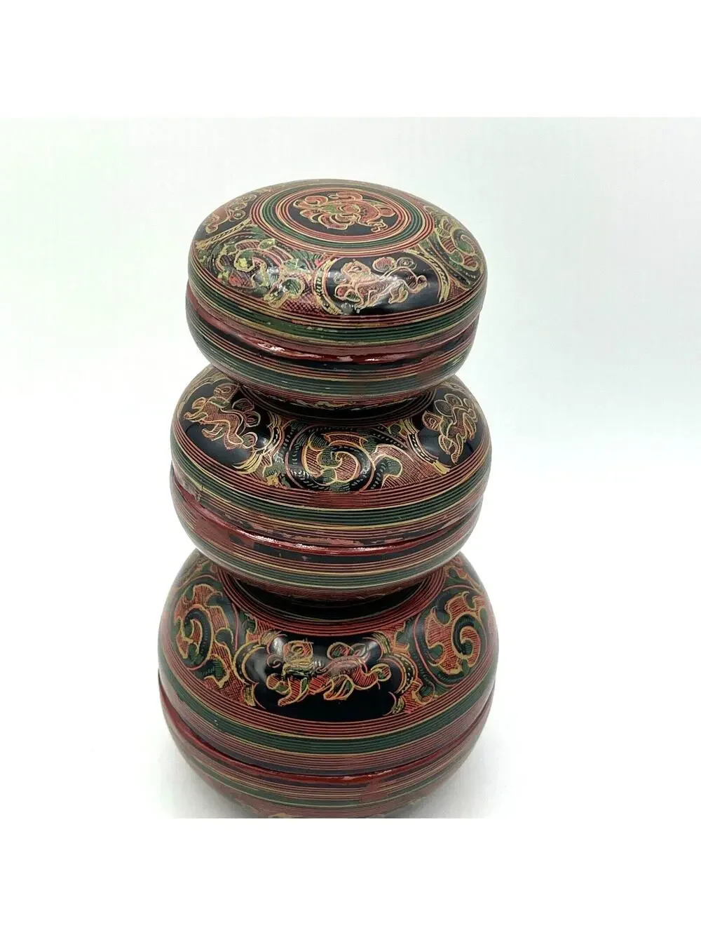 3 Vtg Round Burmese Laquer Nesting Boxes Black Red Green Firebird Hand Painted